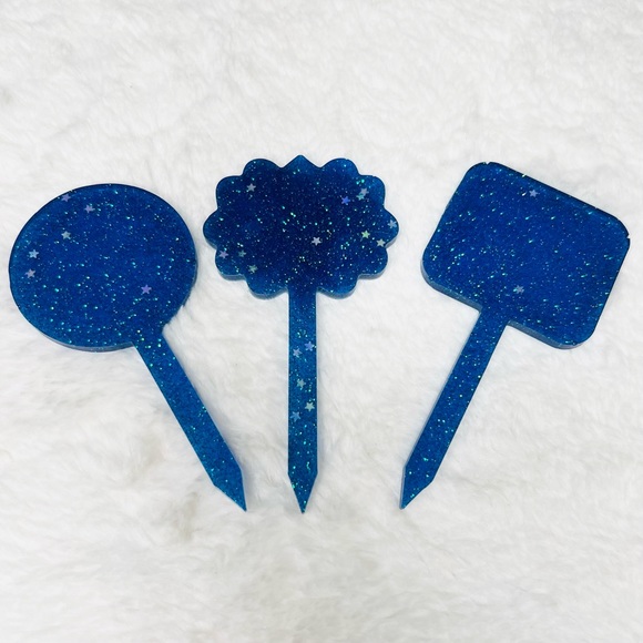 Blue Glitter Plant Markers Set of 3 Hand Crafted Resin Gift Set Cake Toppers - Picture 4 of 7